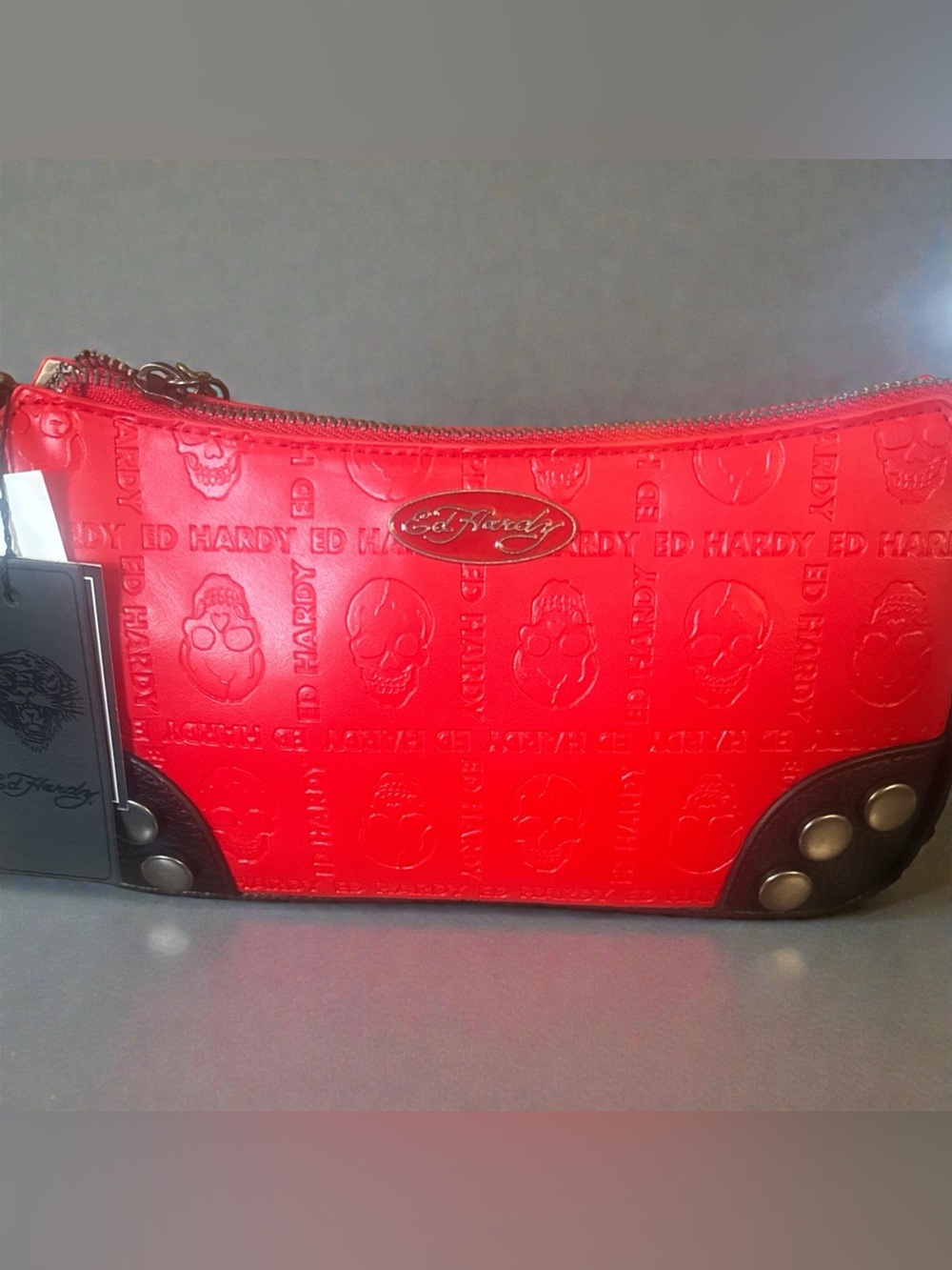 Ed Hardy Red Embossed Skull Wristlet Shoulder Bag